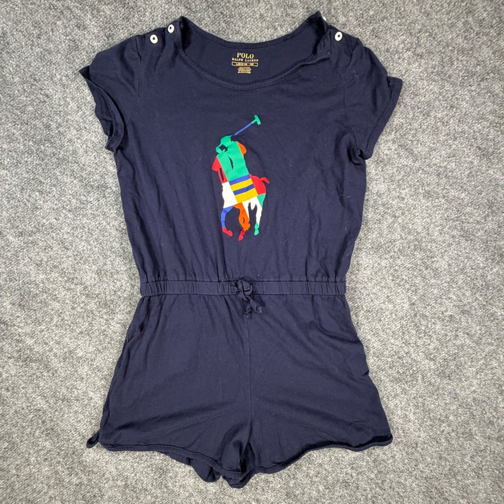 Polo Ralph Lauren Girls Navy Blue Big Pony Cotton Romper Size L 12-14 0735